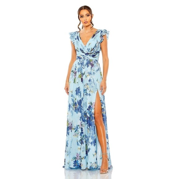 Mac Duggal Floral Print Flutter Sleeve Chiffon Gown Blue Multi Womens Size 6 NWT - Picture 3 of 12